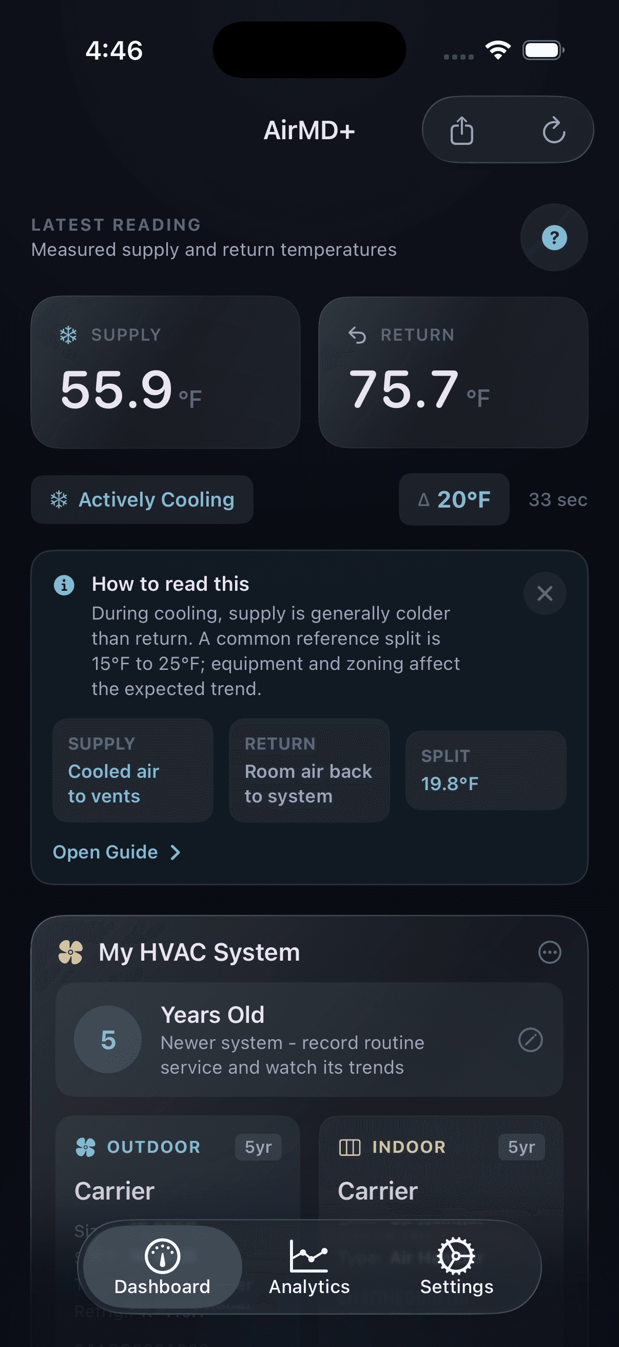 AirMD+ version 1.4 preview showing sample supply and return temperatures, a temperature split, and an explanation of the readings